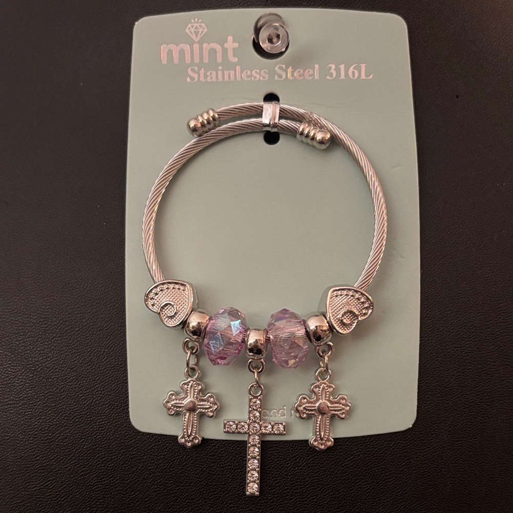 Mint Bracelet with Silver and Purple Charms - Picture 1 of 5